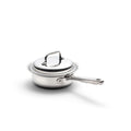 Front three-quarter view of 1 Quart Saucepan with Cover showcasing its long handle against a white background