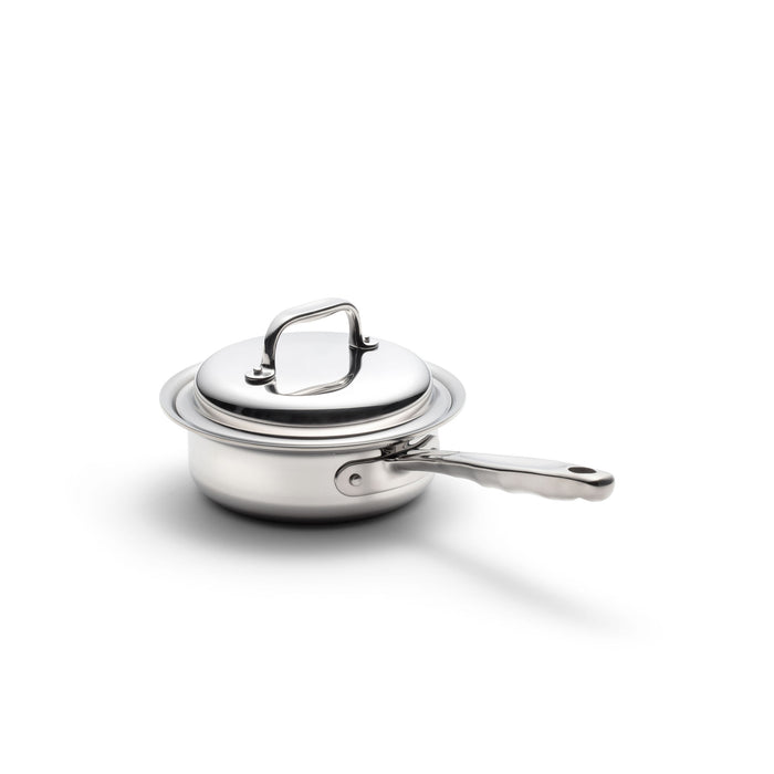 Front three-quarter view of 1 Quart Saucepan with Cover showcasing its long handle against a white background