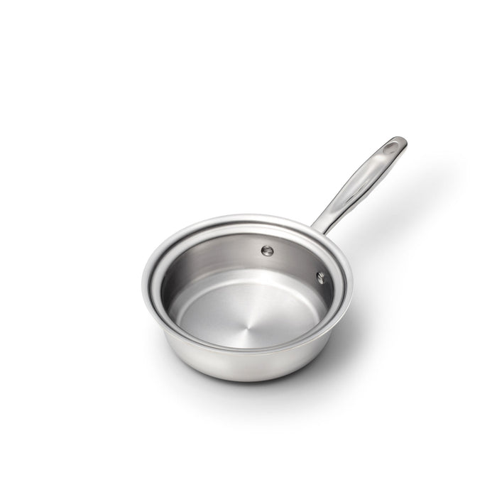 Top-down view of 1 Quart stainless steel saucepan showcasing polished interior and riveted handle on white background