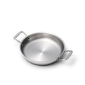 Angled view of 10 Inch Fry Pan with Short Handles showcasing stainless steel construction and two short handles with a white background
