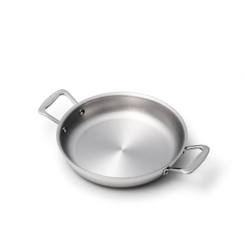 Angled view of 10 Inch Fry Pan with Short Handles showcasing stainless steel construction and two short handles with a white background