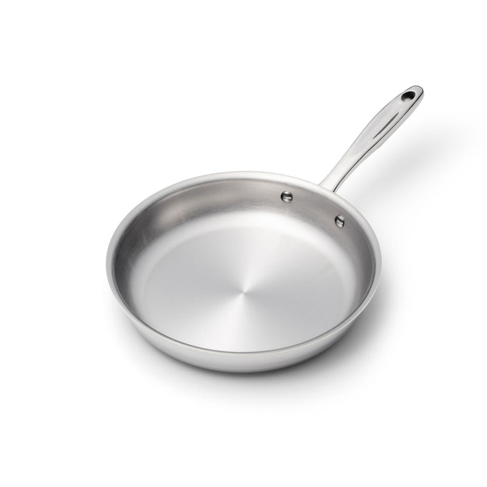 Top view of 10 Inch Fry Pan showcasing stainless steel construction and stay cool handle with white background