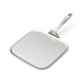 Angled view of 11 Inch Square Griddle showcasing its stainless steel surface and ergonomic long handle with a white background