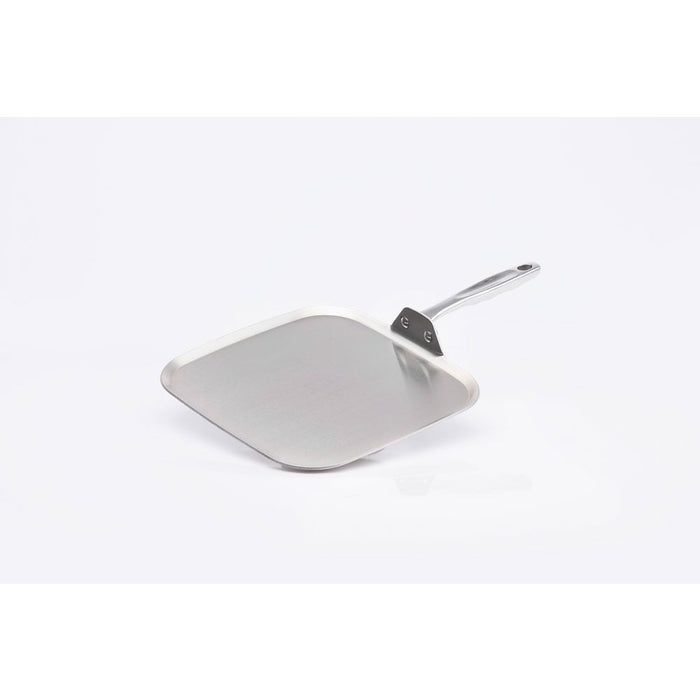 Square stainless-steel griddle pan with long metal handle for stovetop cooking