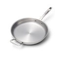 Angled view of 11.5 inch stainless steel fry pan showcasing its long handle and helper handle on a white background