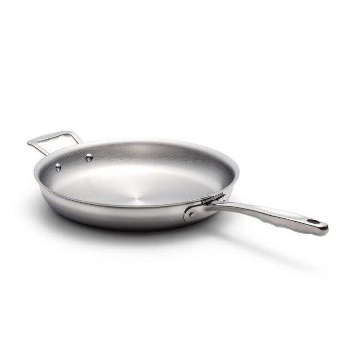 Angled view of 11.5-inch stainless steel fry pan with brushed interior, riveted helper handle and stay-cool handle on white