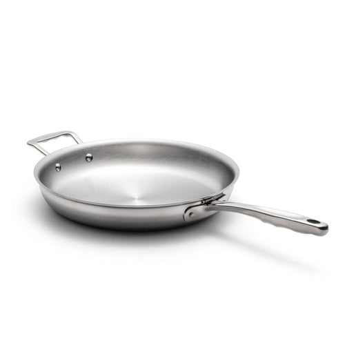 Angled view of 11.5-inch stainless steel fry pan with brushed interior, riveted helper handle and stay-cool handle on white