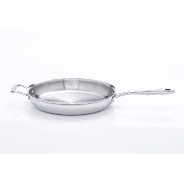 Stainless steel frying pan with long handle and small helper handle, polished finish