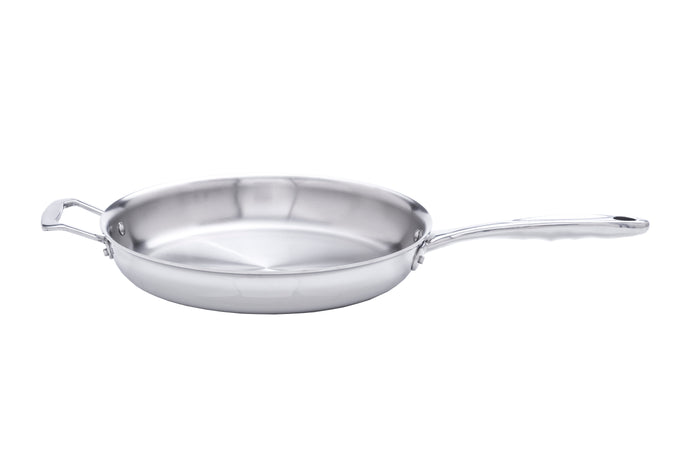 Angled view of 11.5-inch stainless steel fry pan showcasing polished interior, long ergonomic handle and loop helper handle on white background