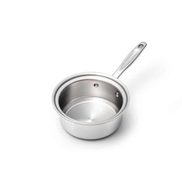 Front three-quarter view of 1.75 Quart Saucepan with Cover showing the open stainless steel saucepan and long handle on a white background
