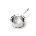 Front three-quarter view of 1.75 Quart Saucepan with Cover showing the open stainless steel saucepan and long handle on a white background