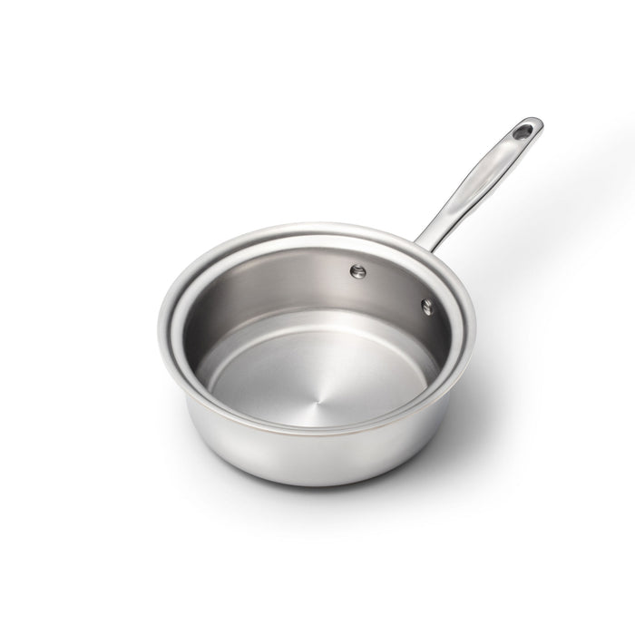 Top-front view of 2-quart stainless steel saucepan showing brushed interior, riveted handle and polished rim on white background