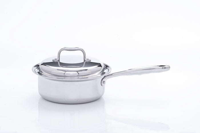 Stainless steel saucepan with lid and long handle on white background