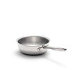 Three-quarter view of 2-quart stainless steel saucier showcasing flared sides and long riveted handle on white background
