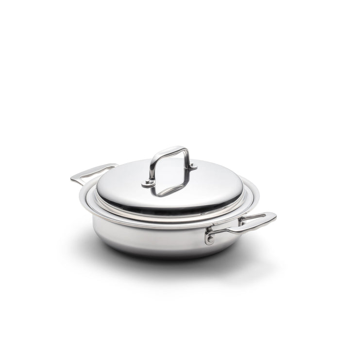 Three-quarter view of 2.3 Quart Casserole with Cover showcasing stainless steel construction and side handles on white background
