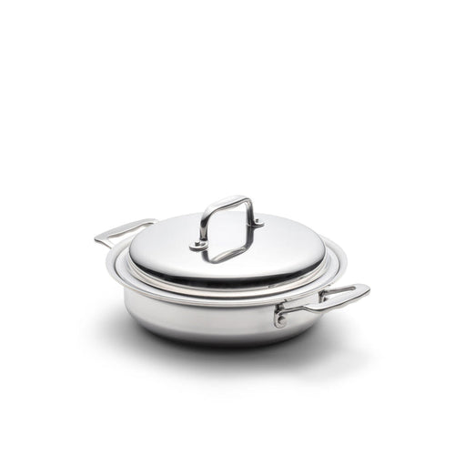Three-quarter view of 2.3 Quart Casserole with Cover showcasing stainless steel construction and side handles on white background