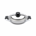 Front view of 2.3 quart casserole with cover showing black side handles on a white background