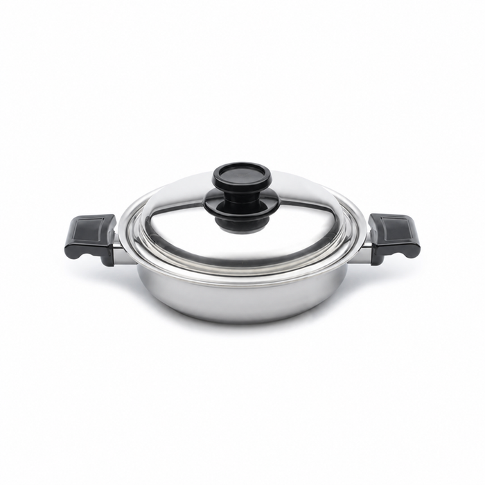 Front view of 2.3 quart casserole with cover showing black side handles on a white background