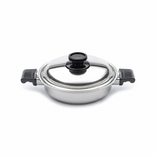 Front view of 2.3 quart casserole with cover showing black side handles on a white background