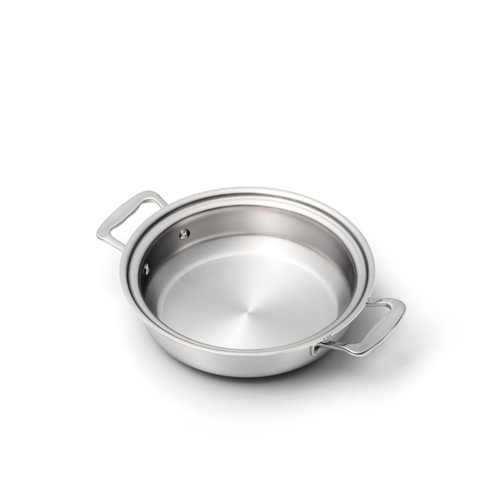 Angled top view of 2.3 quart stainless steel casserole showing two loop handles and brushed interior on white background