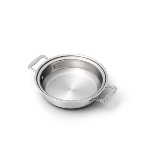 Angled top view of 2.3 quart stainless steel casserole showing two loop handles and brushed interior on white background