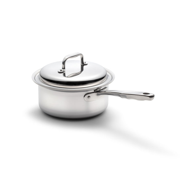 Three-quarter view of 3 Quart Saucepan with Cover showcasing stainless steel finish, lid, and long handle on white background
