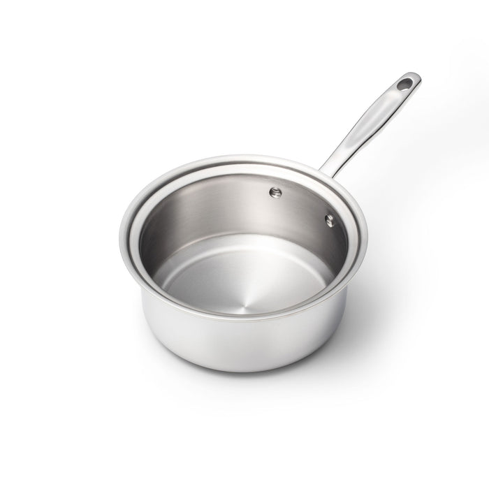 Angled top view of 3-quart stainless steel saucepan showing brushed interior and long riveted handle on white background