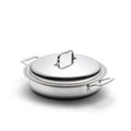 Front three-quarter view of a 3.5-quart stainless steel sauté pan with lid and short handles on a white background