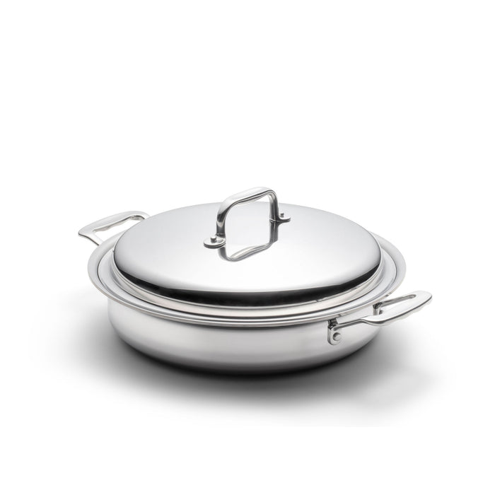 Front three-quarter view of a 3.5-quart stainless steel sauté pan with lid and short handles on a white background