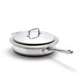Angled view of 3.5 Quart Sauté Pan with Cover showcasing stainless steel construction and long handle on a white background