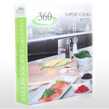 Three-quarter view of 360 Cookbook binder showing cover photo of salmon and vegetables on a cutting board with a kitchen countertop background