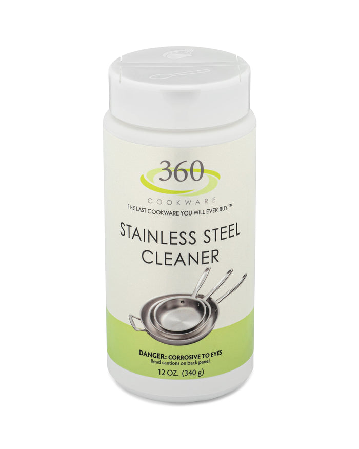 360 Stainless Steel Cleaner in a 12 oz container with a warning about corrosiveness