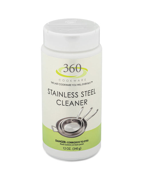 360 Stainless Steel Cleaner in a 12 oz container with a warning about corrosiveness