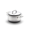 Front view of 4-quart stainless steel stockpot with cover showcasing side handles and lid handle on a white background