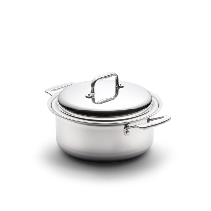 Front view of 4-quart stainless steel stockpot with cover showcasing side handles and lid handle on a white background