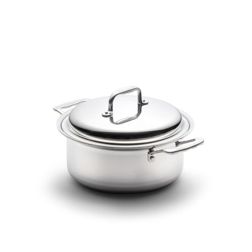 Front view of 4-quart stainless steel stockpot with cover showcasing side handles and lid handle on a white background