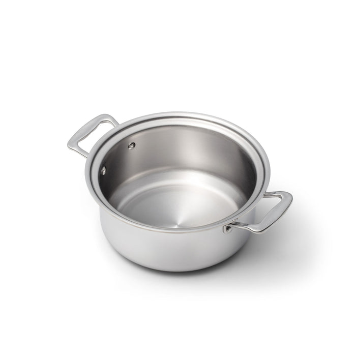 Stainless steel cooking pot with two handles, empty inside, on a white background