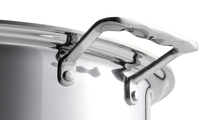 Close-up of 4 Quart Stockpot with Cover showing polished stainless-steel rim and riveted handle attachment on white background
