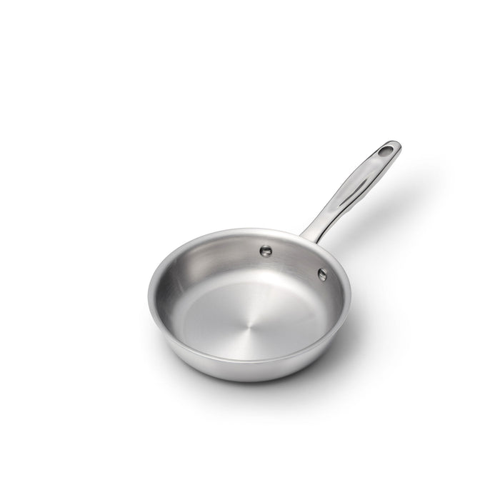 Front angled view of 7 Inch Fry Pan showcasing the stainless steel cooking surface and long handle with a white background