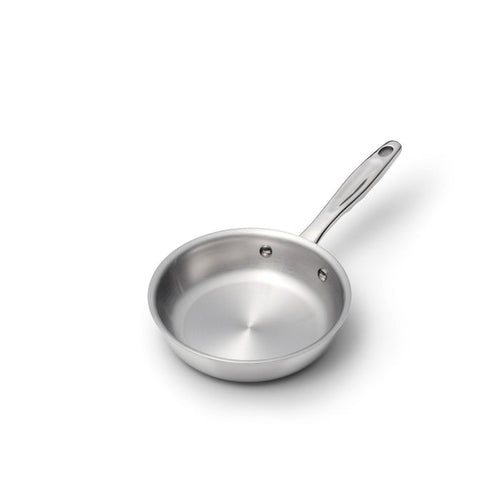 Front angled view of 7 Inch Fry Pan showcasing the stainless steel cooking surface and long handle with a white background