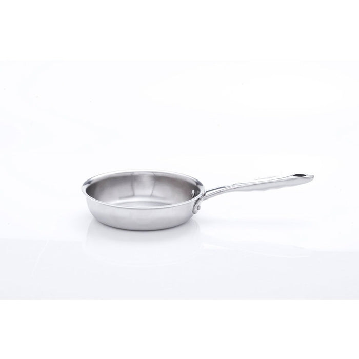Stainless-steel frying pan with long riveted handle centered on white background.