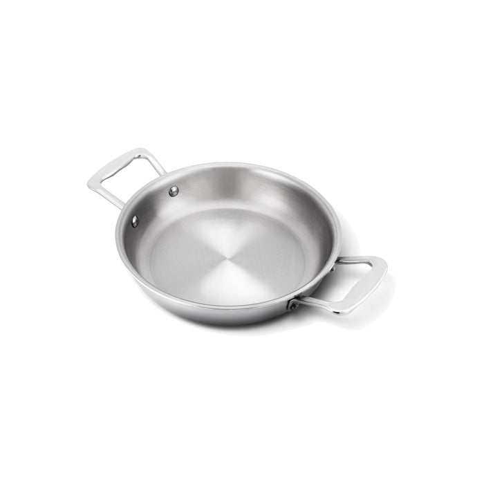 Top three-quarter view of 8.5 Inch Fry Pan with Short Handles showcasing stainless steel construction and two-handle design on white background