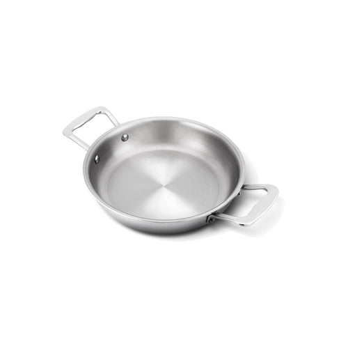 Top three-quarter view of 8.5 Inch Fry Pan with Short Handles showcasing stainless steel construction and two-handle design on white background