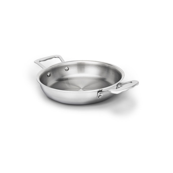 Angled top view of 8.5-inch stainless steel fry pan showing brushed interior and two short riveted handles on white background