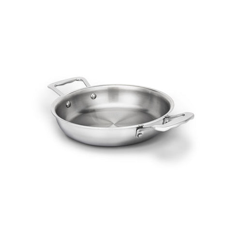 Angled top view of 8.5-inch stainless steel fry pan showing brushed interior and two short riveted handles on white background