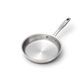 Front three quarter view of an 8.5 inch stainless steel fry pan showcasing its long handle and polished interior on a white background