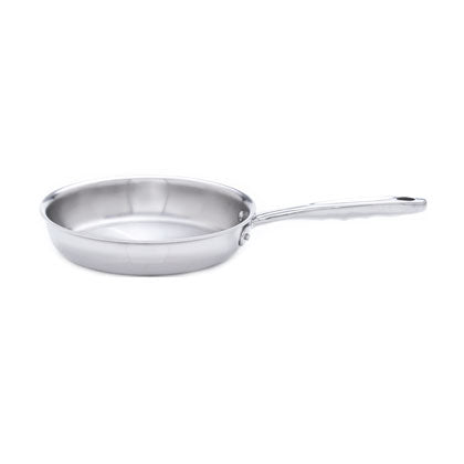 Three-quarter view of 8.5-inch stainless steel fry pan showcasing polished interior and long riveted handle on white background