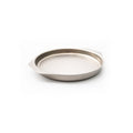 Angled view of 9 inch Round Brownie Pan showcasing its raised rim and side handles against a white background
