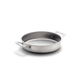 Angled view of 9 inch round cake pan with handles showcasing stainless steel construction on a white background