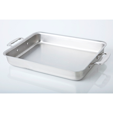 Rectangular stainless-steel roasting pan with short handles and reflective interior